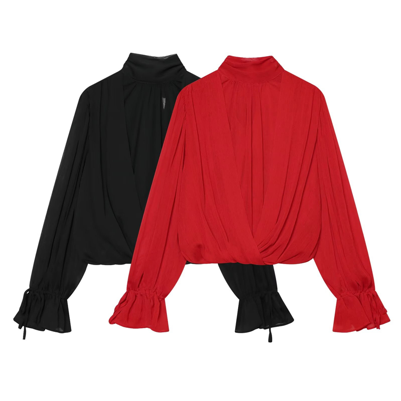 Wrap Blouse Chiffon - Women's high-neck twisted wrap short chiffon