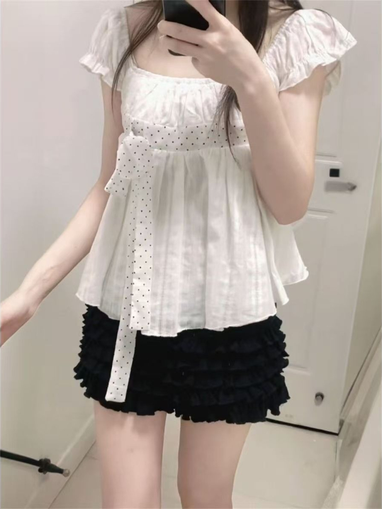 Cute Korean Fashion Polka Dot  - đánh giá và giá Puff Sleeve Blouse