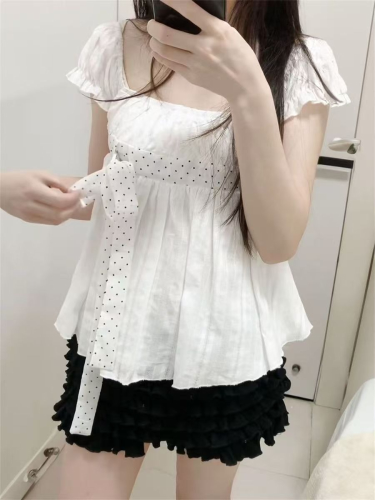 Cute Korean Fashion Polka Dot  - đánh giá và giá Puff Sleeve Blouse