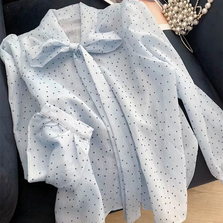 Light Blue Tiny Black Polka Do - đánh giá và giá Puff Sleeve Blouse