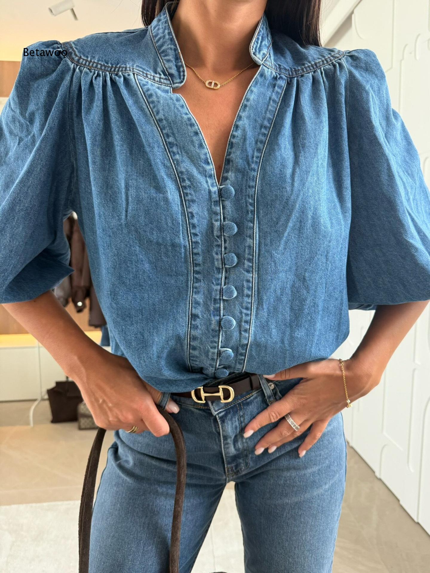 Women Stand Collar V Neck Deni - đánh giá và giá Puff Sleeve Blouse