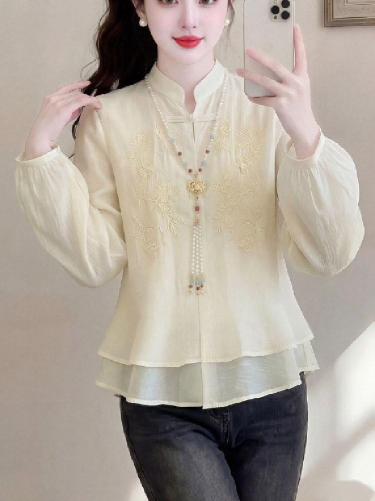 Chinese Shirt Embroidered Blou - đánh giá và giá Puff Sleeve Blouse