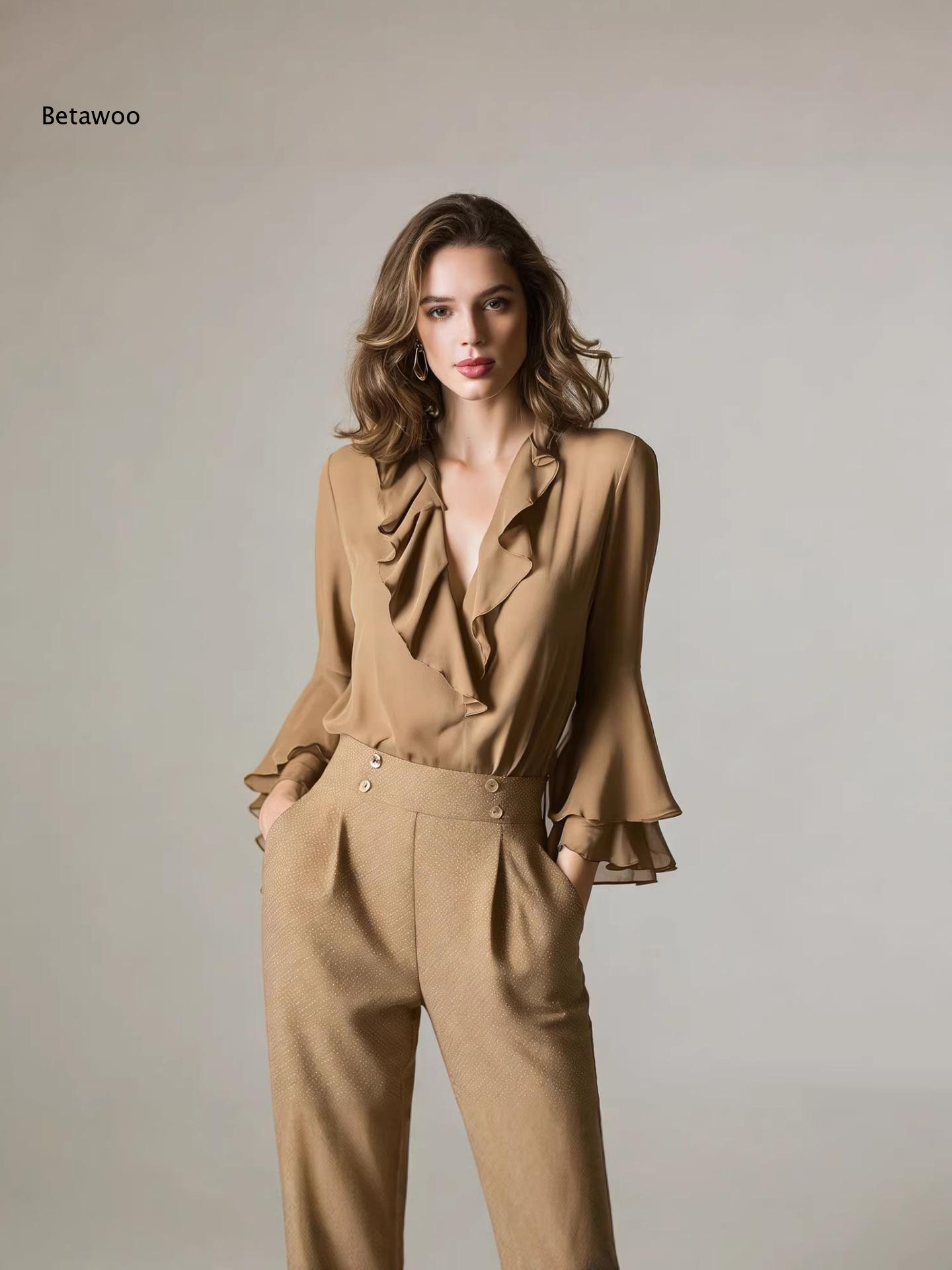Women Elegant Ruffle V Neck Ch - đánh giá và giá Wrap Blouse Chiffon