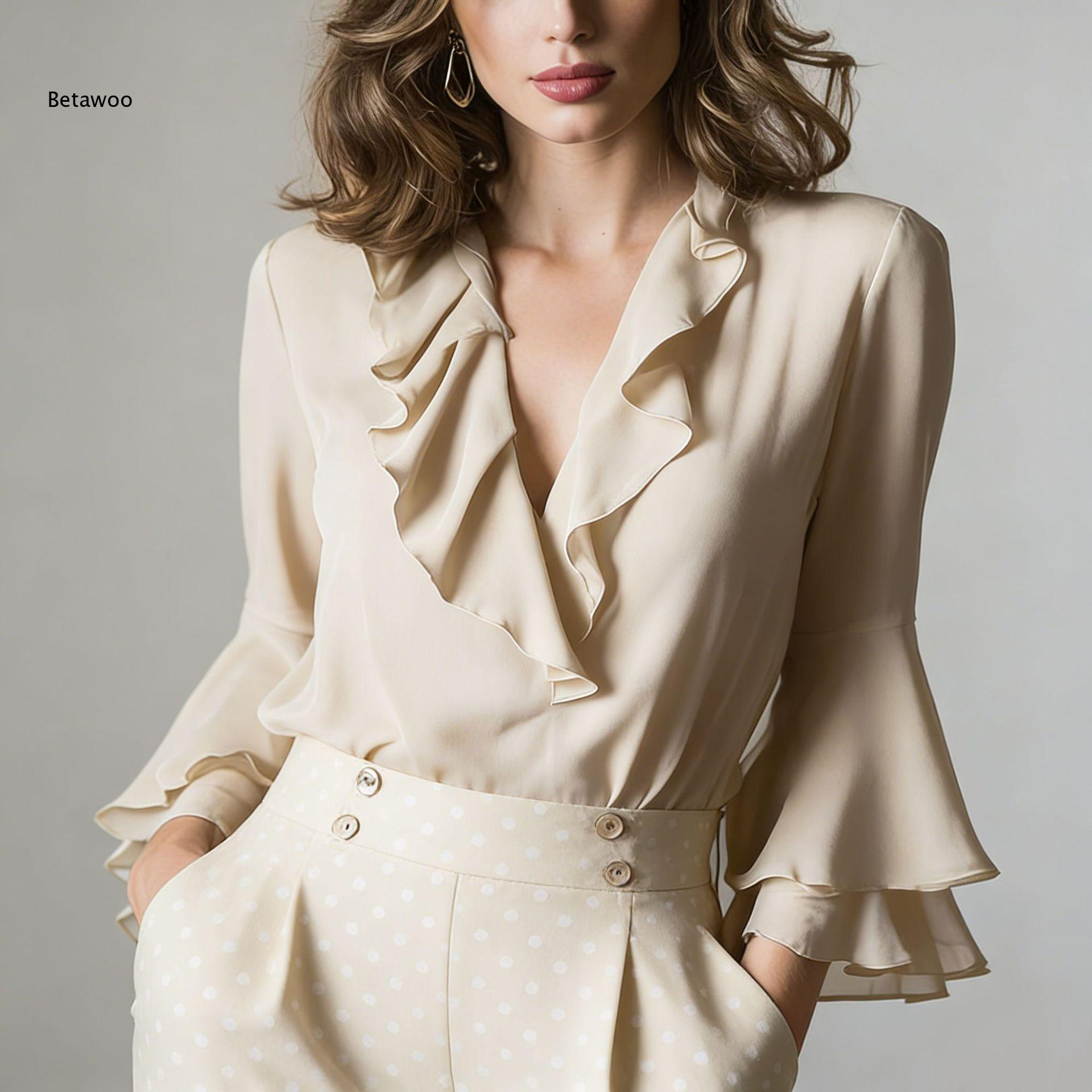 Women Elegant Ruffle V Neck Ch - đánh giá và giá Wrap Blouse Chiffon